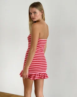 Motel Rocks Printed Dresses | Bandeau Dresses-Tav Mini Jersey Dress in Stripe Pink and Red