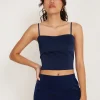 Motel Rocks Strappy Tops-Tenley Crop Top in Satin Midnight Navy Blue