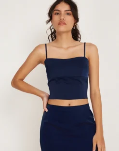 Motel Rocks Strappy Tops-Tenley Crop Top in Satin Midnight Navy Blue