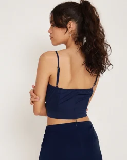 Motel Rocks Strappy Tops-Tenley Crop Top in Satin Midnight Navy Blue