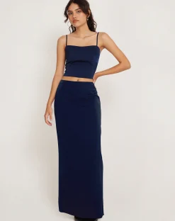 Motel Rocks Strappy Tops-Tenley Crop Top in Satin Midnight Navy Blue