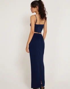 Motel Rocks Strappy Tops-Tenley Crop Top in Satin Midnight Navy Blue