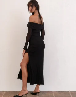 Motel Rocks Party Dresses-Terika Bardot Long Sleeve Maxi Dress in Mesh Black