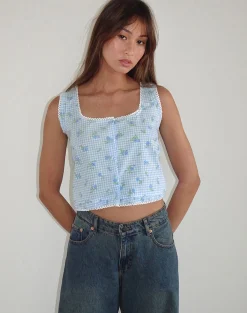 Motel Rocks Co-Ords | Strappy Tops-Ternya Top in Blue Flower Gingham