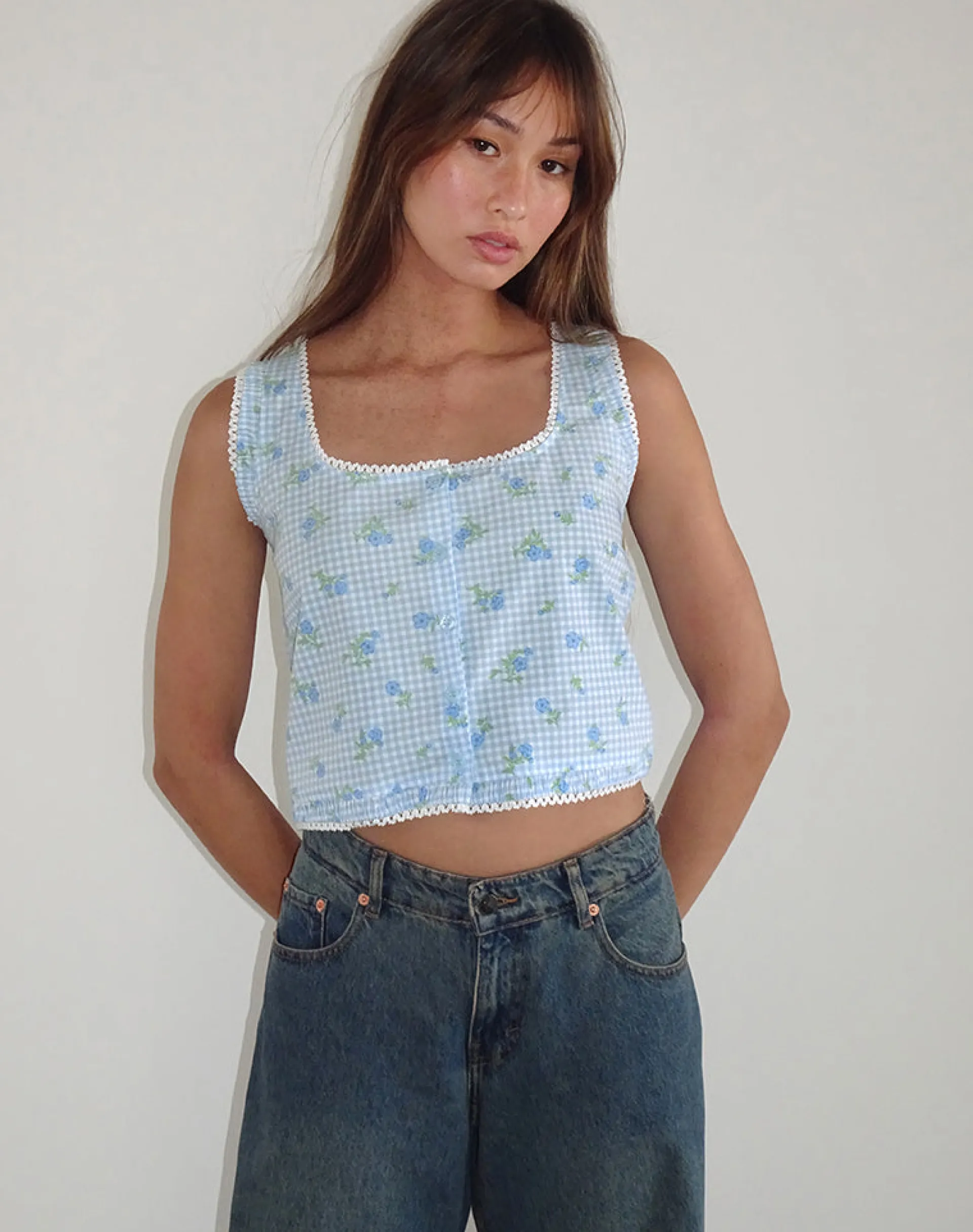 Motel Rocks Co-Ords | Strappy Tops-Ternya Top in Blue Flower Gingham