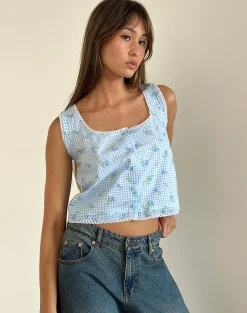 Motel Rocks Co-Ords | Strappy Tops-Ternya Top in Blue Flower Gingham