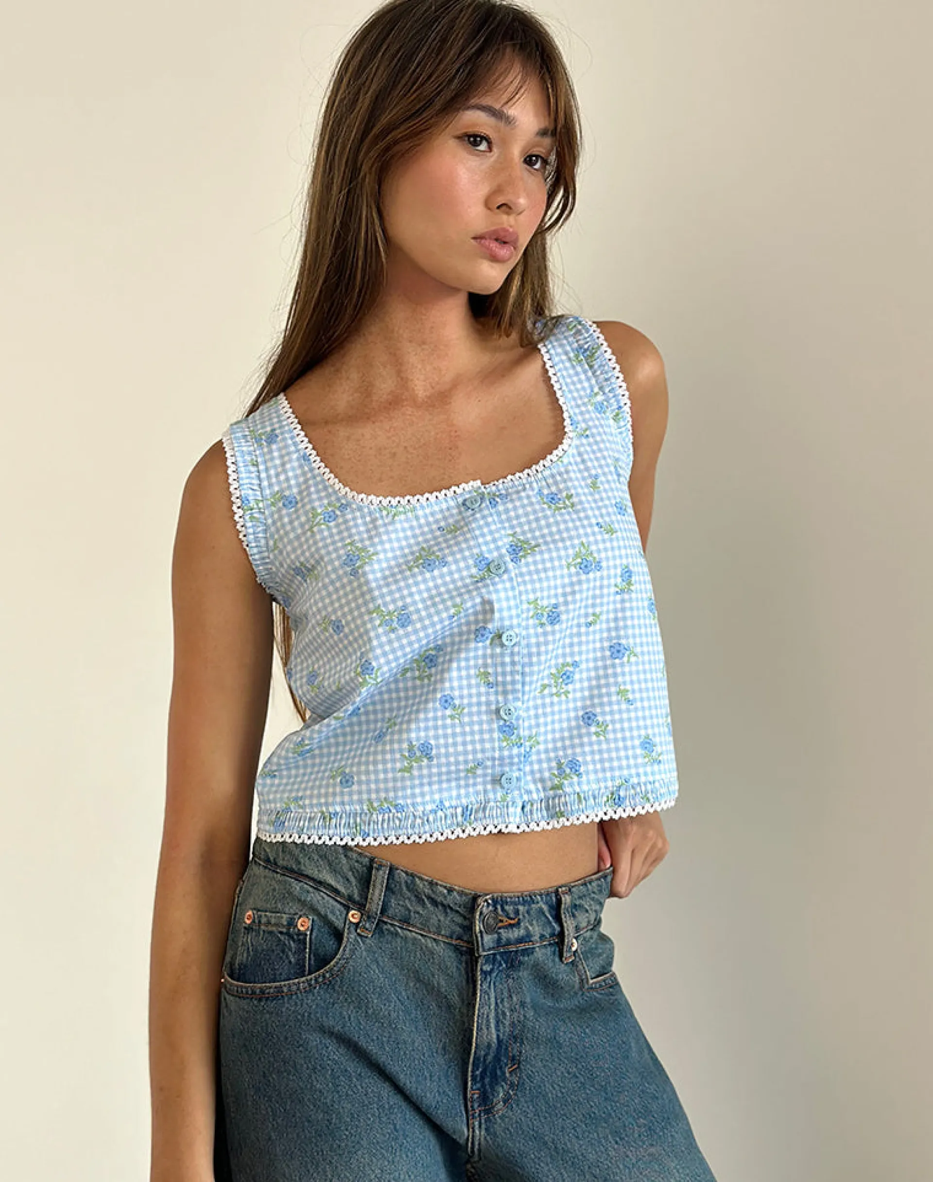 Motel Rocks Co-Ords | Strappy Tops-Ternya Top in Blue Flower Gingham