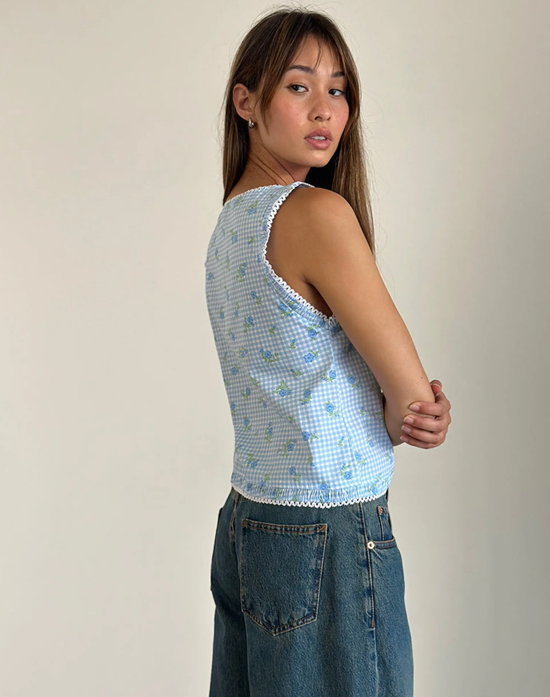 Motel Rocks Co-Ords | Strappy Tops-Ternya Top in Blue Flower Gingham