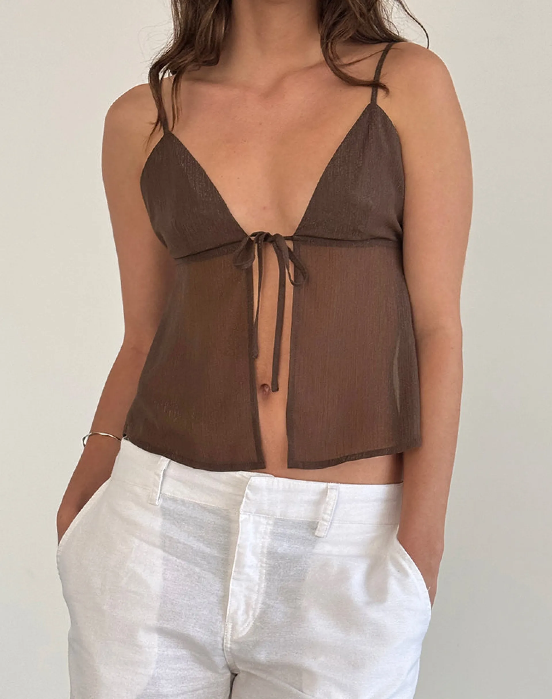 Motel Rocks Strappy Tops-Tezza Cami Top in Brown Glitter Chiffon BrownGlitterChiffon