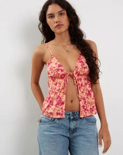 Motel Rocks Printed Tops | Strappy Tops-Tezza Tie Front Cami Top in Dark Wild Flower Cantaloupe