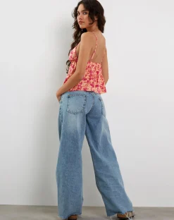 Motel Rocks Printed Tops | Strappy Tops-Tezza Tie Front Cami Top in Dark Wild Flower Cantaloupe