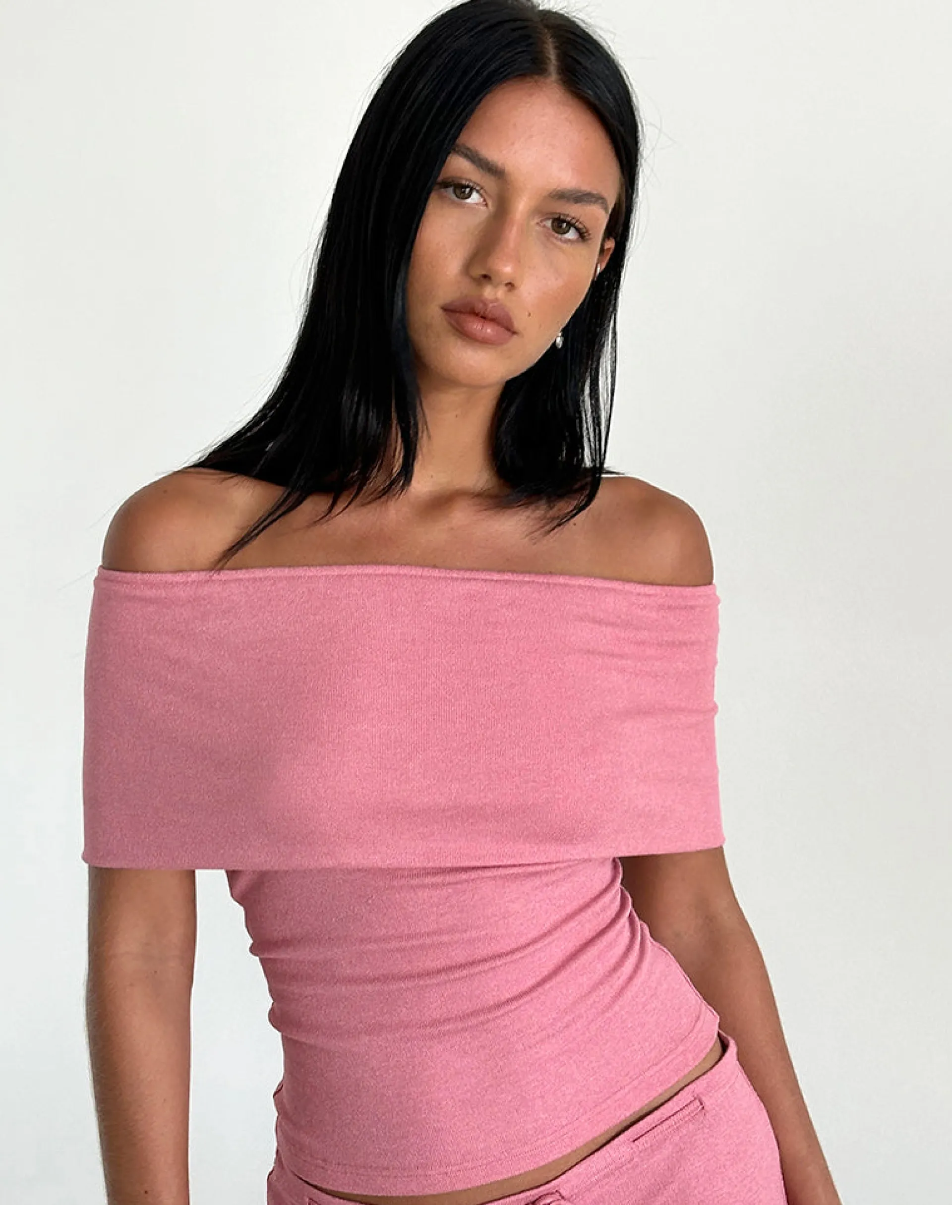 Motel Rocks Co-Ords-Thalassa Off the Shoulder Top in Dusky Pink Sheer Knit