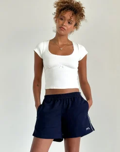 Motel Rocks Loungewear-Thera Short in Navy with White Piping with M Emb NavywithWhitePipingwithMEmb