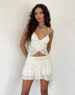 Motel Rocks Co-Ords | Printed Skirts-Theri Frill Mini Skirt in Rose and Ivory Lace roseandivorylace
