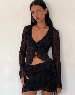 Motel Rocks Printed Skirts | Mini Skirts-Theri Mini Skirt in Vine Flower Black with Rosette VineFlowerBlackwithRosette