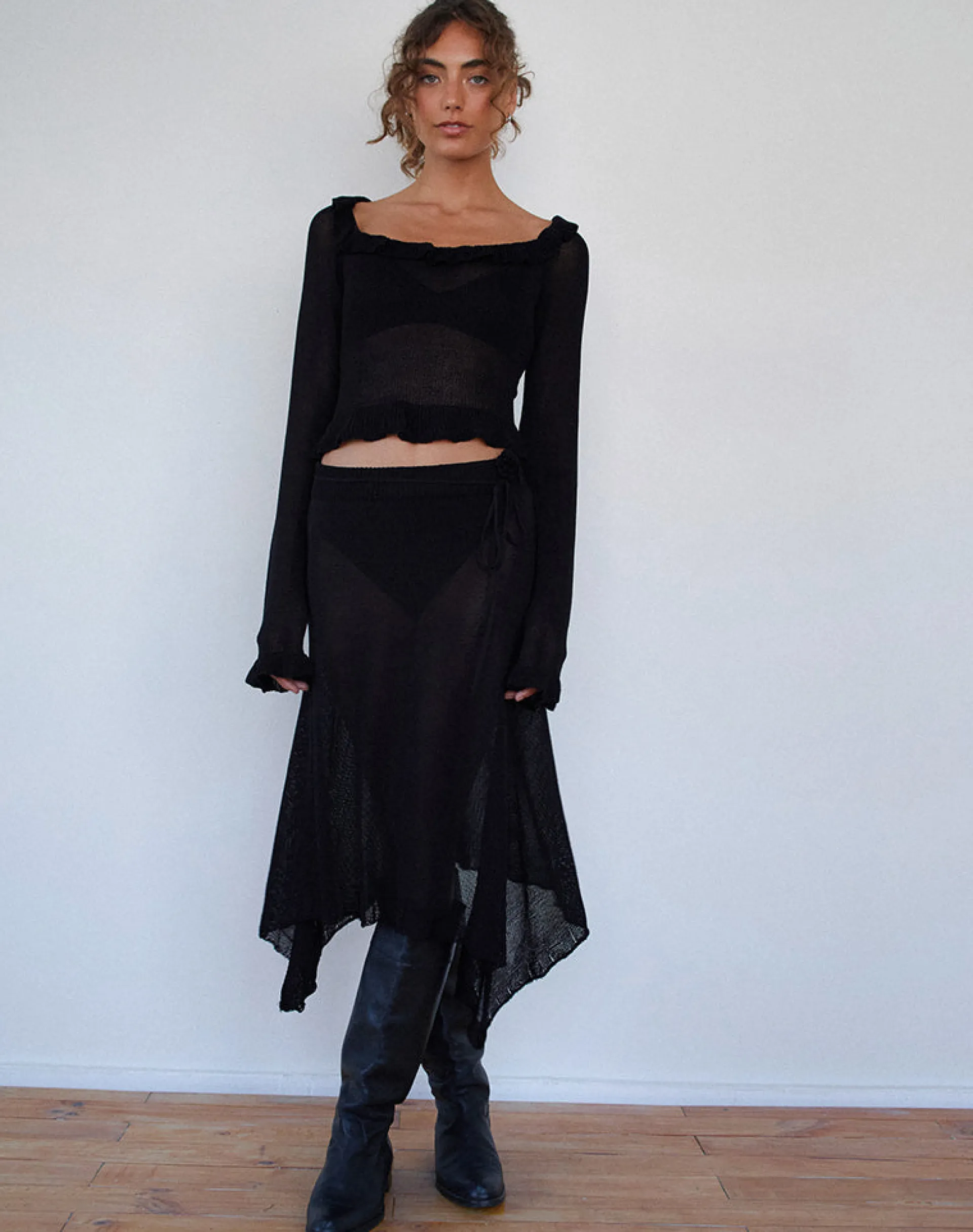 Motel Rocks A Line Skirts-Tierra Fine Knit Midi Skirt in Black