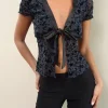 Motel Rocks Printed Tops | Going Out Tops-Tifu Tie Top in Navy Pretty Petal Flock