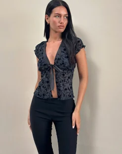 Motel Rocks Printed Tops | Going Out Tops-Tifu Tie Top in Navy Pretty Petal Flock