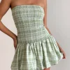 Motel Rocks Printed Dresses | Bandeau Dresses-Tilikum Mini Dress in Table Cloth Neo Mint