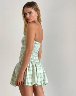 Motel Rocks Printed Dresses | Bandeau Dresses-Tilikum Mini Dress in Table Cloth Neo Mint