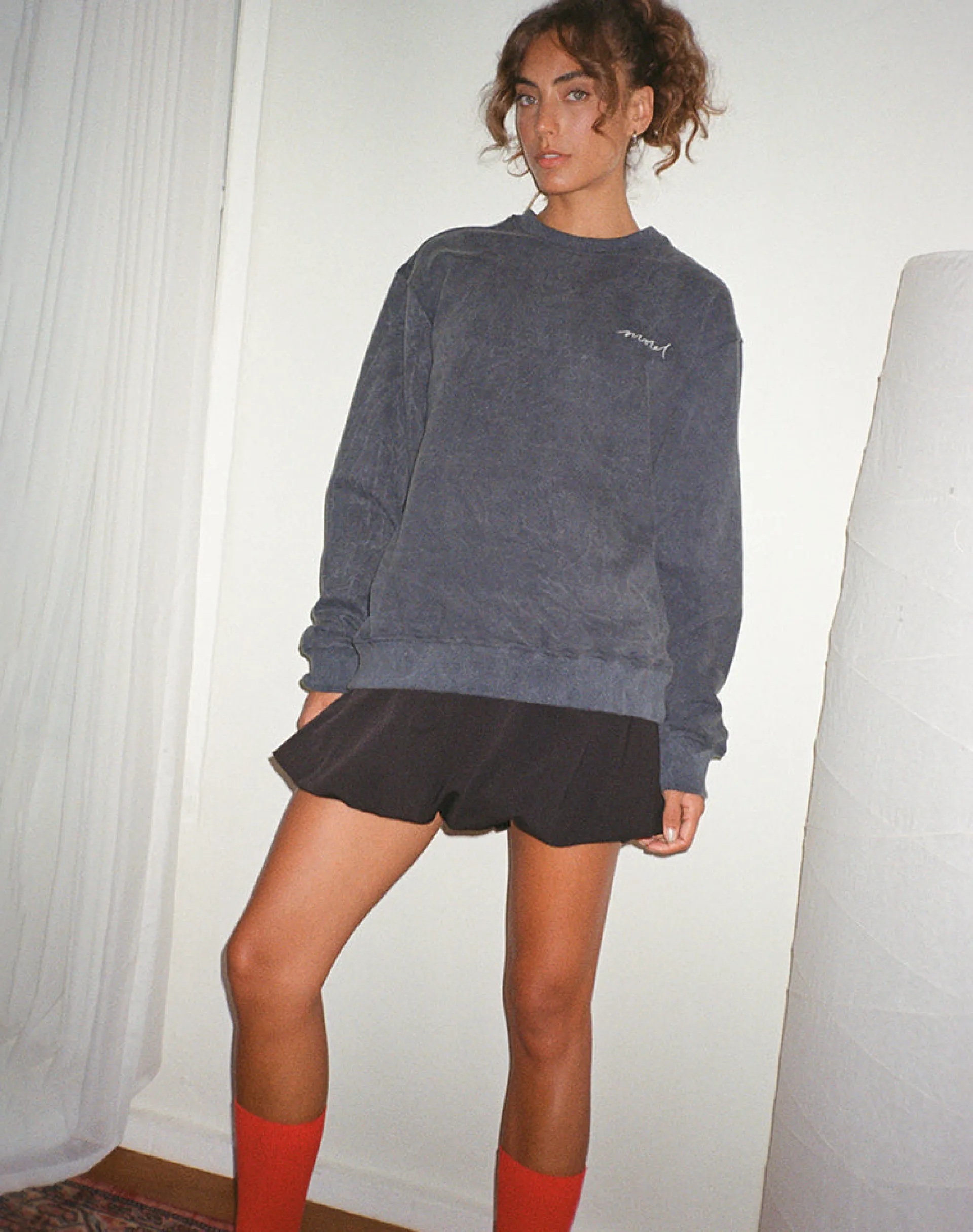 Motel Rocks Hoodies & Sweatshirts | Co-Ords-Tillie Jumper in Black Wash with Off White 'MOTEL' Embroidery BlackWashwithOffWhite'MOTEL'Embroidery