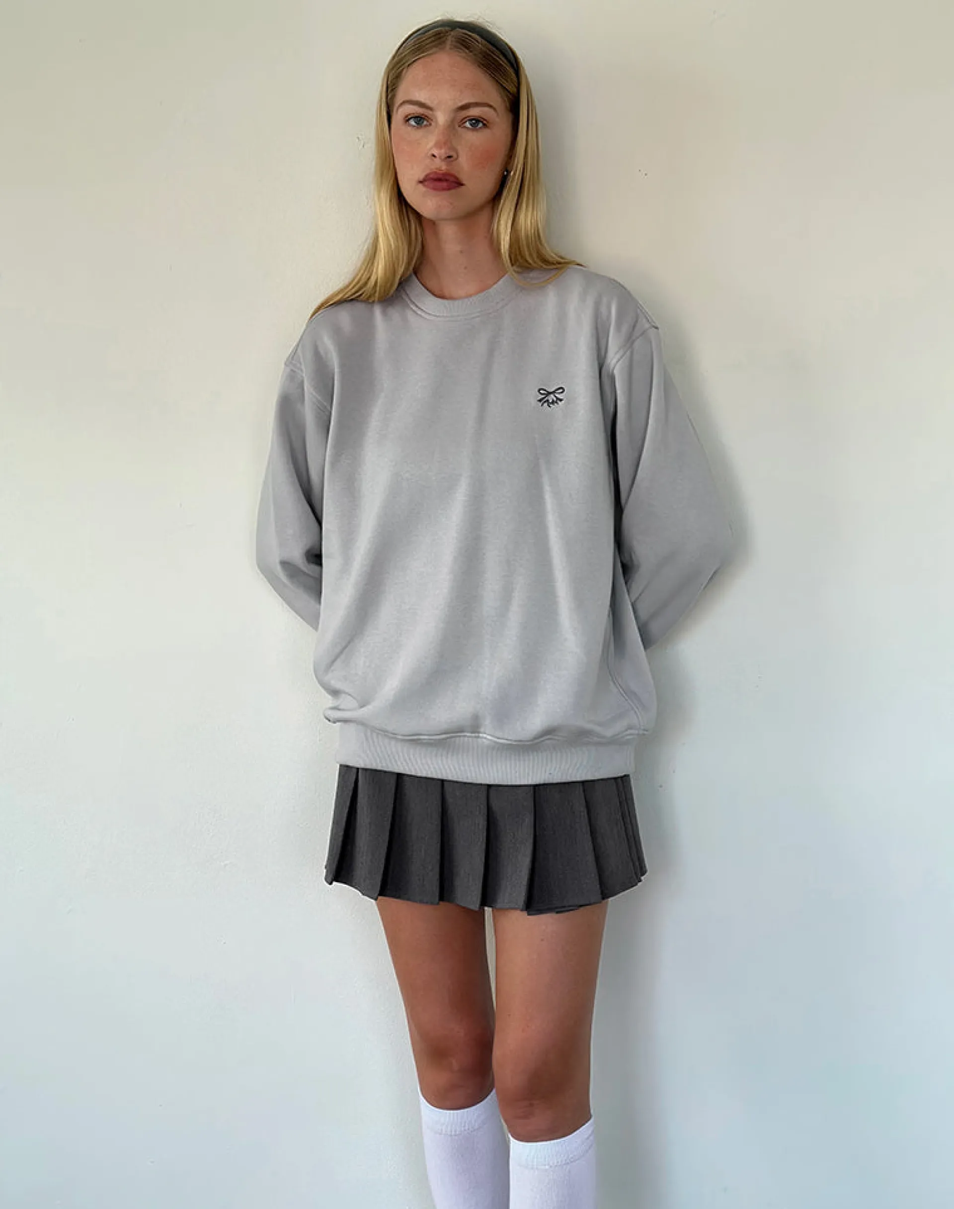 Motel Rocks Hoodies & Sweatshirts | Jumpers-Tillie Sweatshirt in Lunar Rock with Ocean Storm Bow Embroidery LunarRockwithOceanStormBowEmbroidery