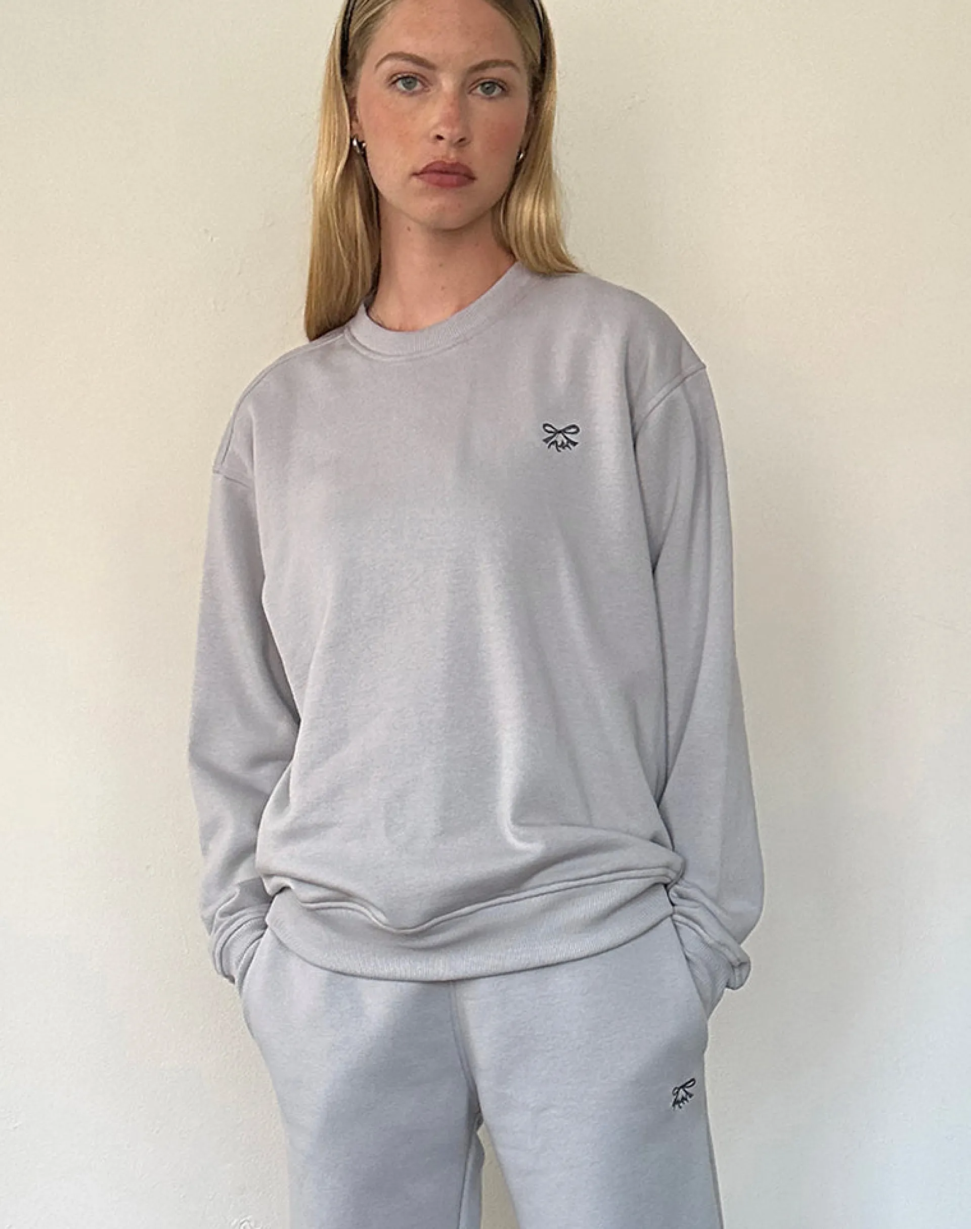 Motel Rocks Hoodies & Sweatshirts | Jumpers-Tillie Sweatshirt in Lunar Rock with Ocean Storm Bow Embroidery LunarRockwithOceanStormBowEmbroidery
