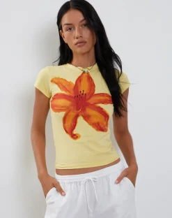 Motel Rocks Printed Tops | Tees-Tiona Baby Tee in Lemonade with Summer Flower Print