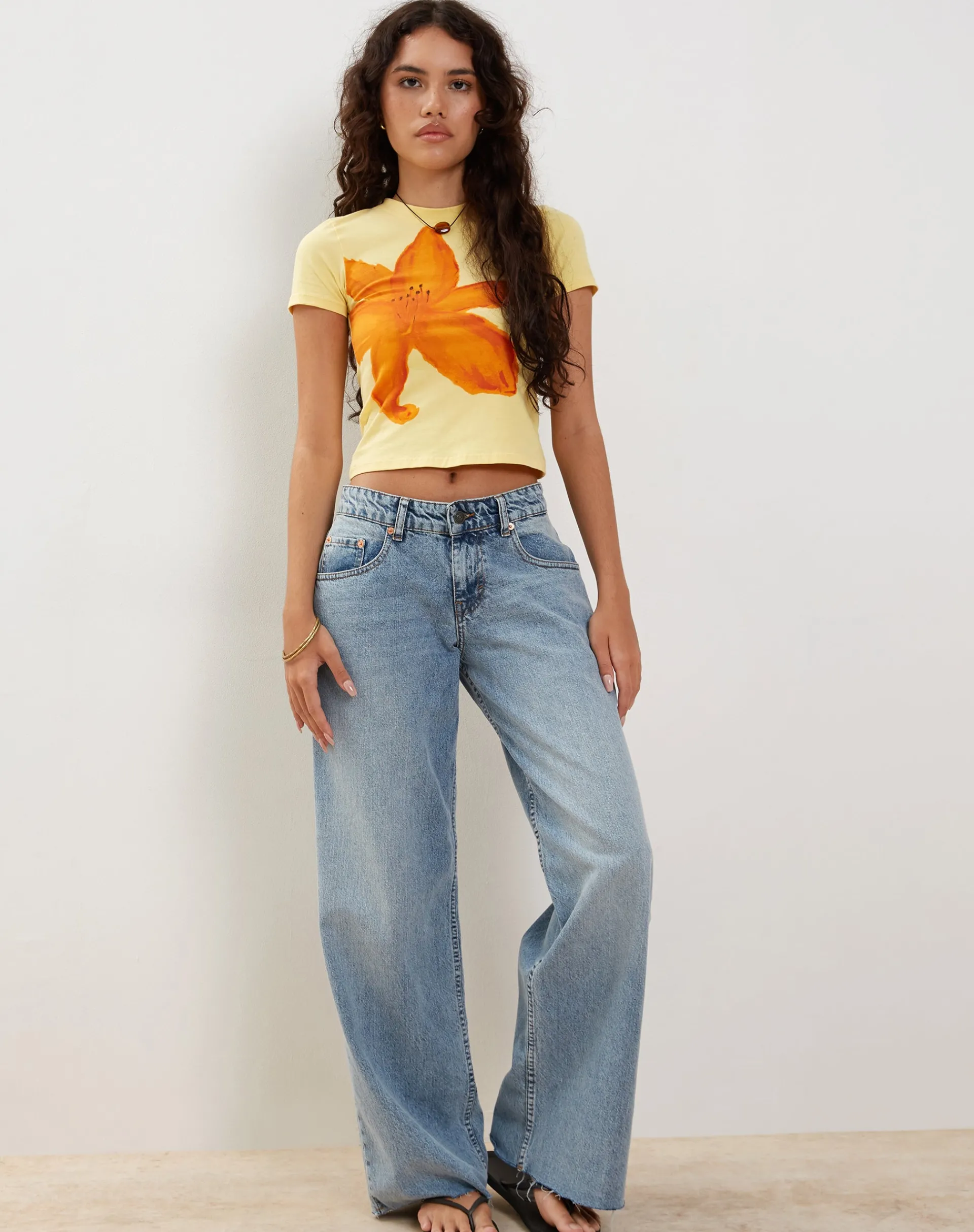 Motel Rocks Printed Tops | Tees-Tiona Baby Tee in Lemonade with Summer Flower Print