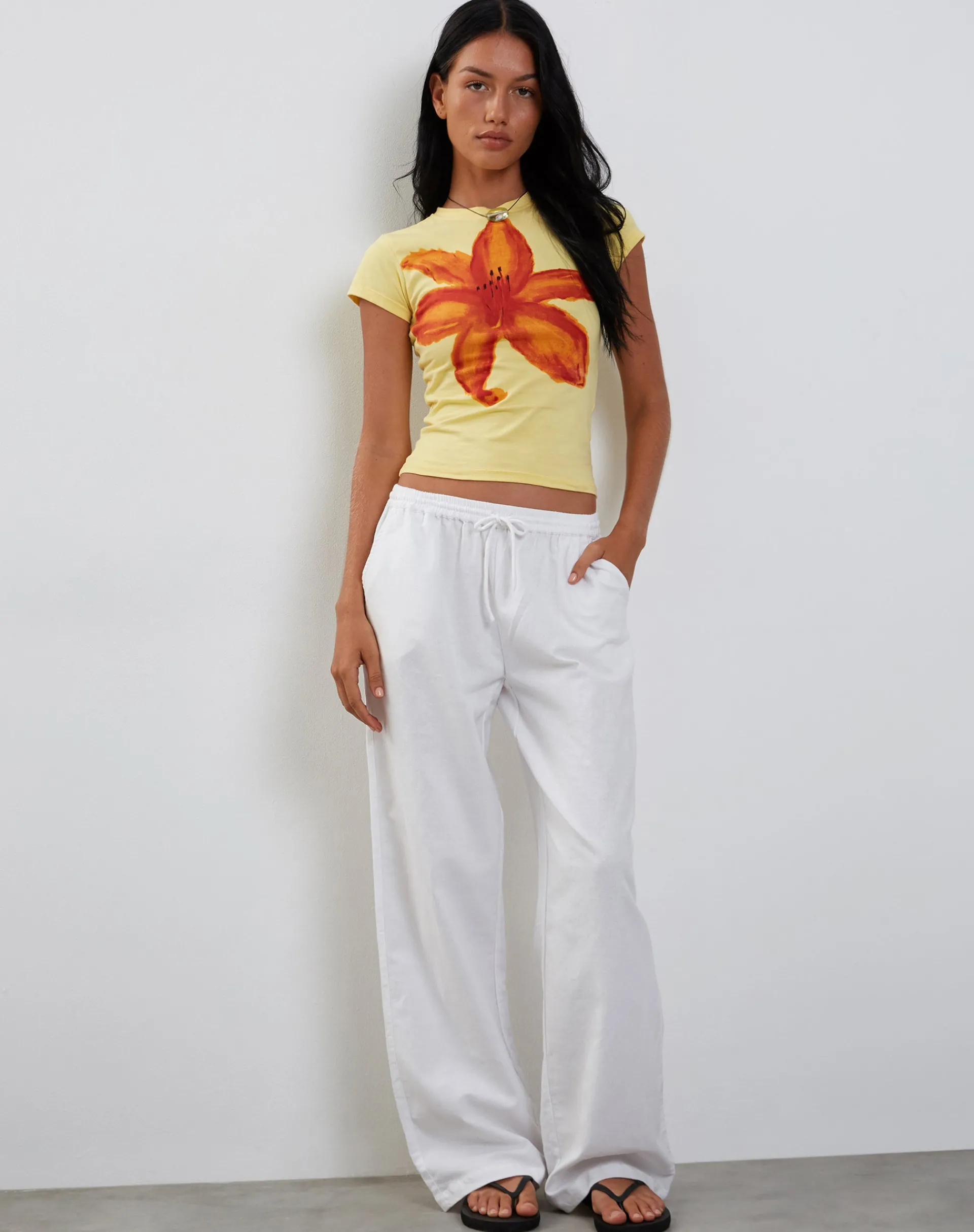 Motel Rocks Printed Tops | Tees-Tiona Baby Tee in Lemonade with Summer Flower Print
