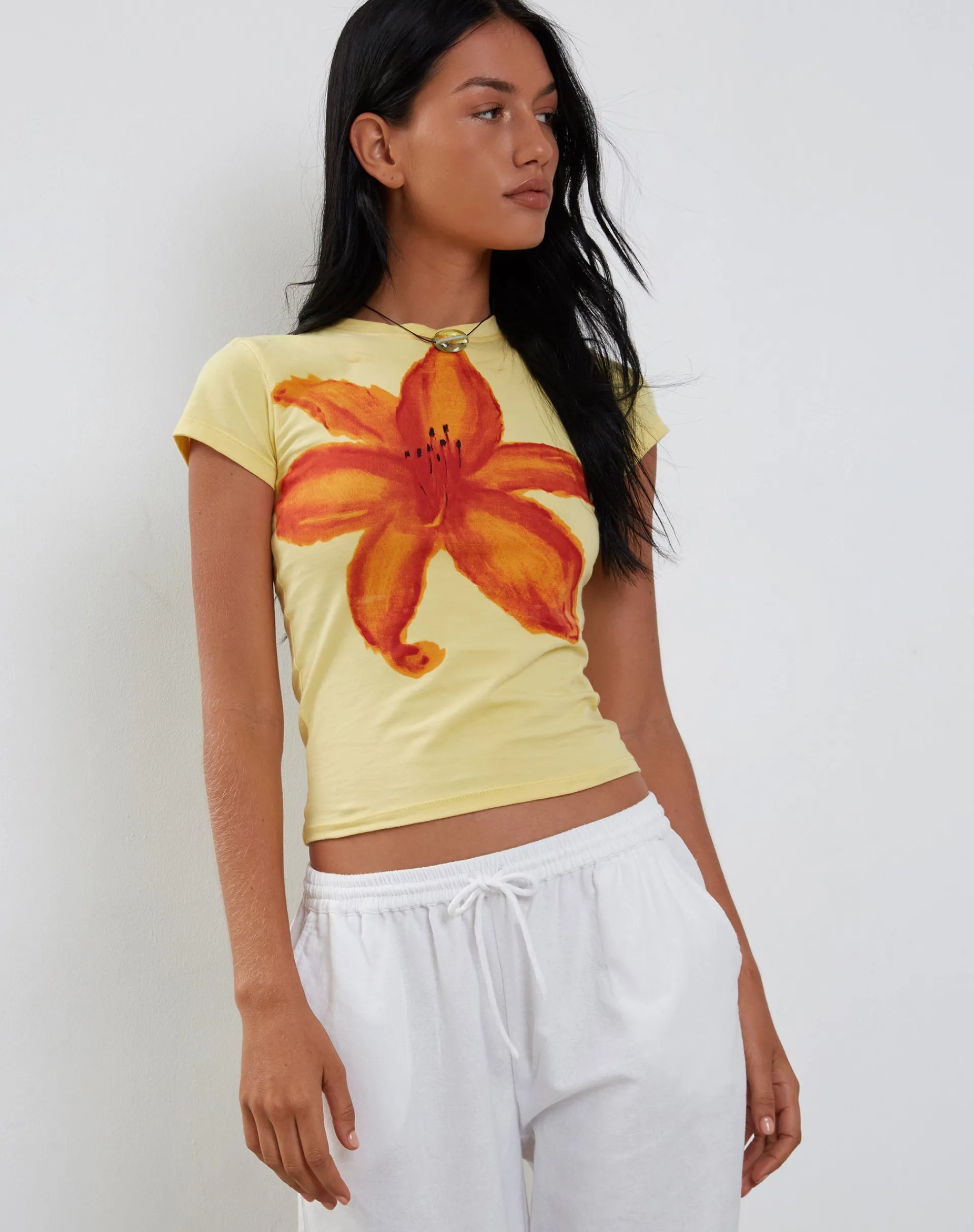 Motel Rocks Printed Tops | Tees-Tiona Baby Tee in Lemonade with Summer Flower Print