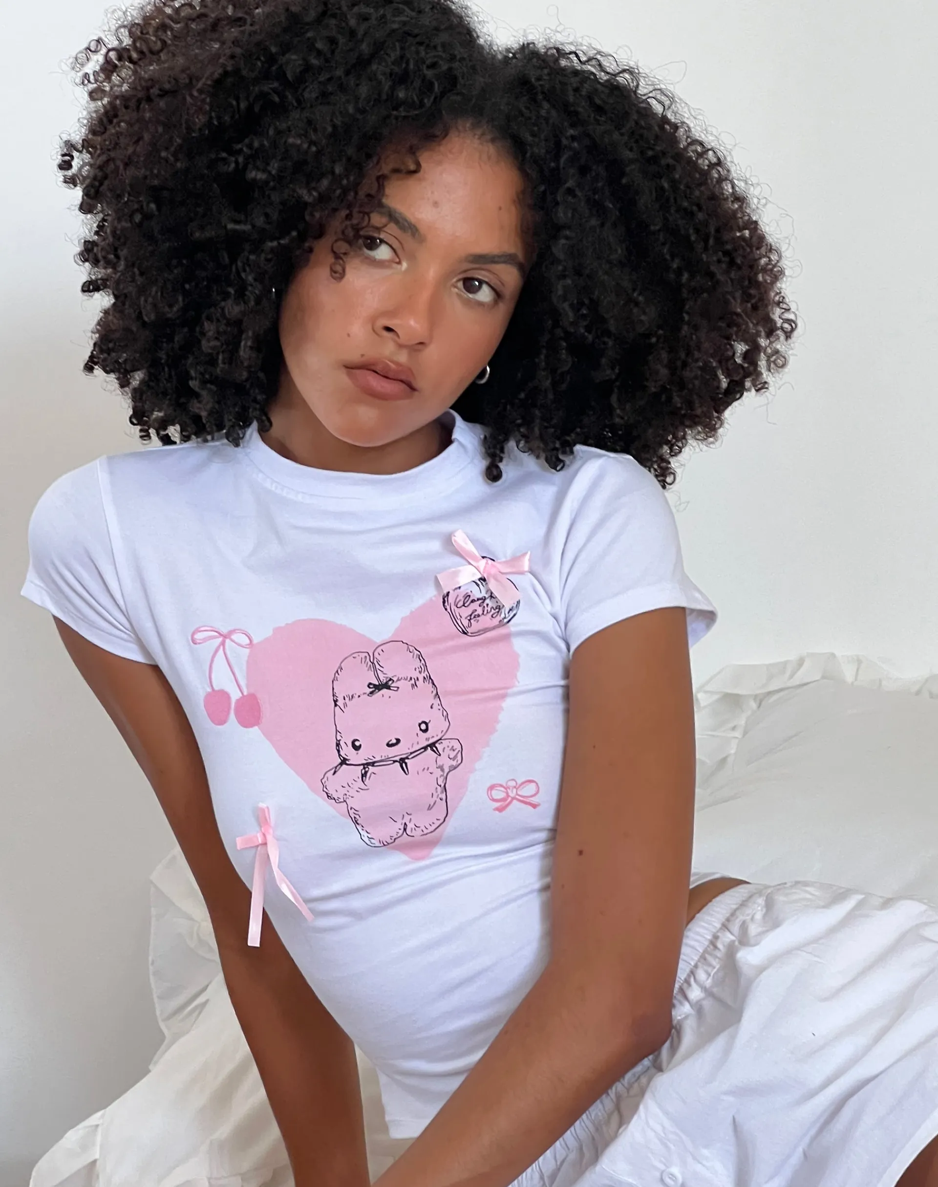 Motel Rocks Basics | Basic Tops-Tiona Cropped Tee in White with Love Bunny Print and Embroidery WhitewithLoveBunnyPrintandEmbroidery