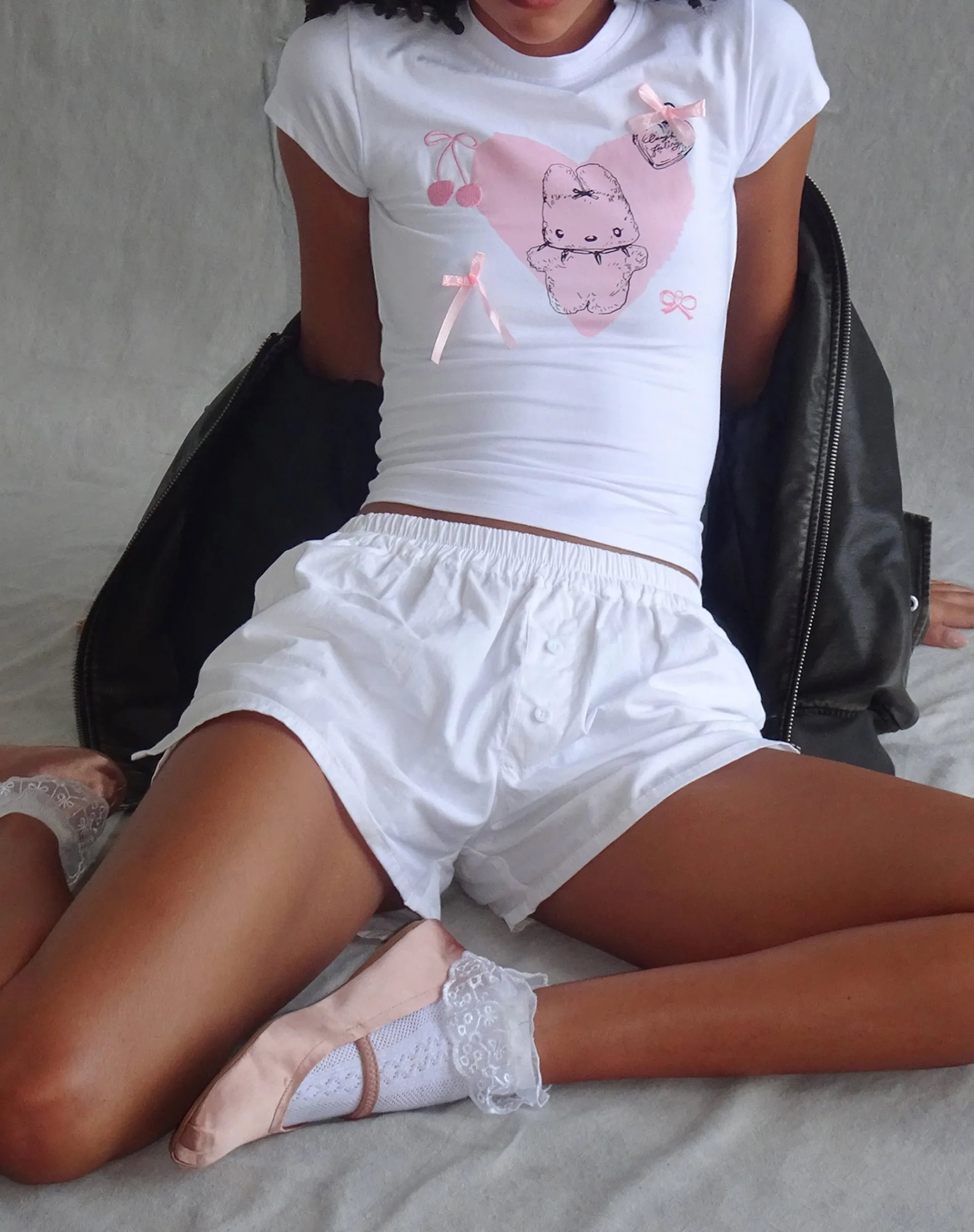 Motel Rocks Basics | Basic Tops-Tiona Cropped Tee in White with Love Bunny Print and Embroidery WhitewithLoveBunnyPrintandEmbroidery