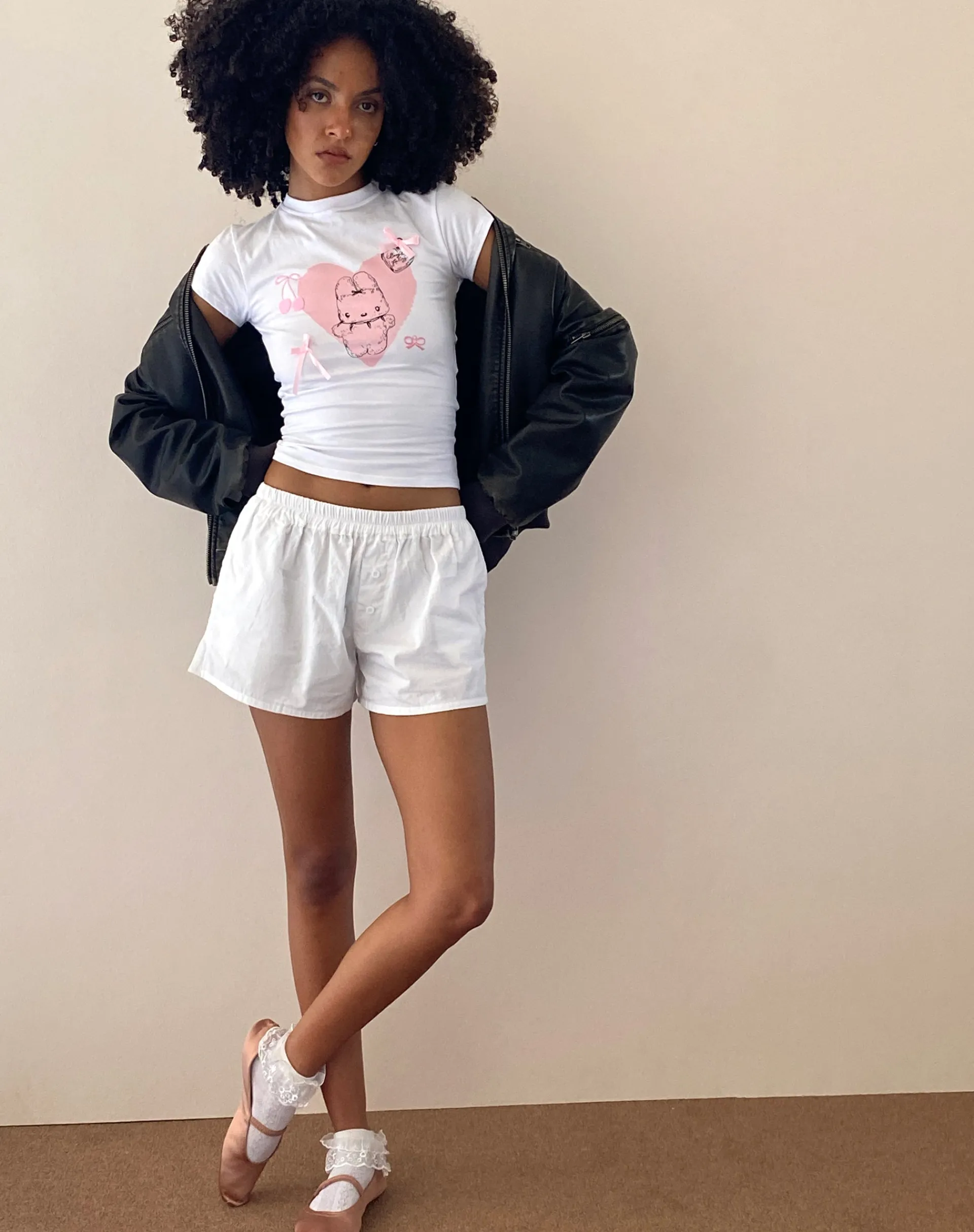 Motel Rocks Basics | Basic Tops-Tiona Cropped Tee in White with Love Bunny Print and Embroidery WhitewithLoveBunnyPrintandEmbroidery