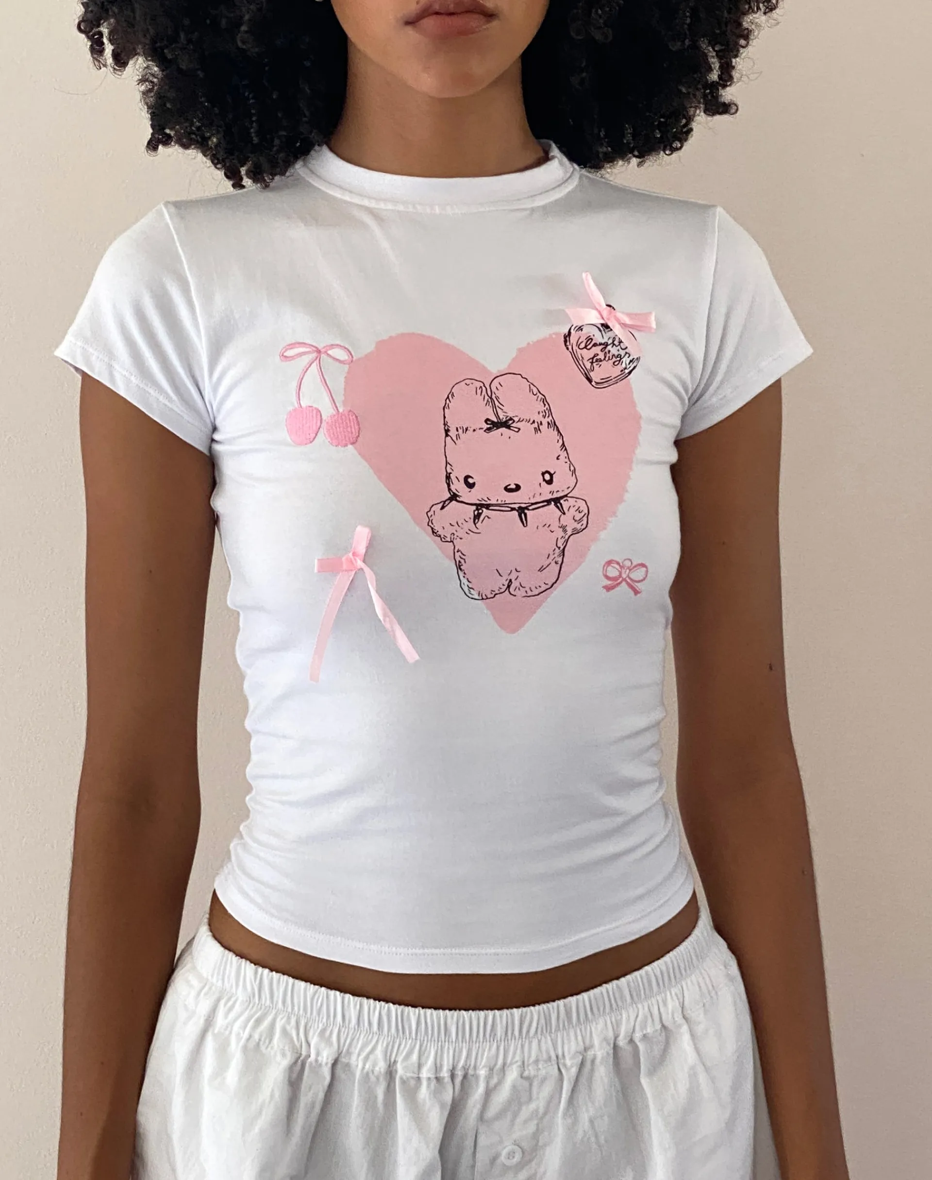 Motel Rocks Basics | Basic Tops-Tiona Cropped Tee in White with Love Bunny Print and Embroidery WhitewithLoveBunnyPrintandEmbroidery