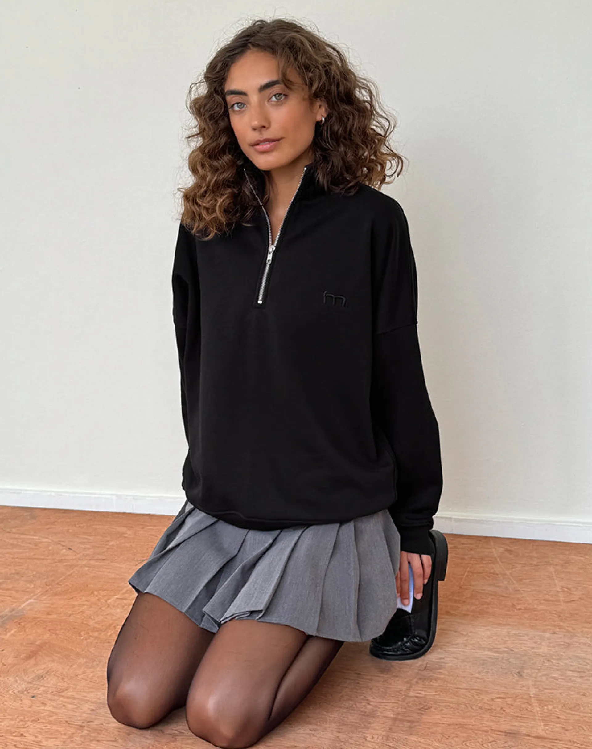 Motel Rocks Basics | Hoodies & Sweatshirts-Tirma High Neck Jumper in Tonal Black with M Embroidery