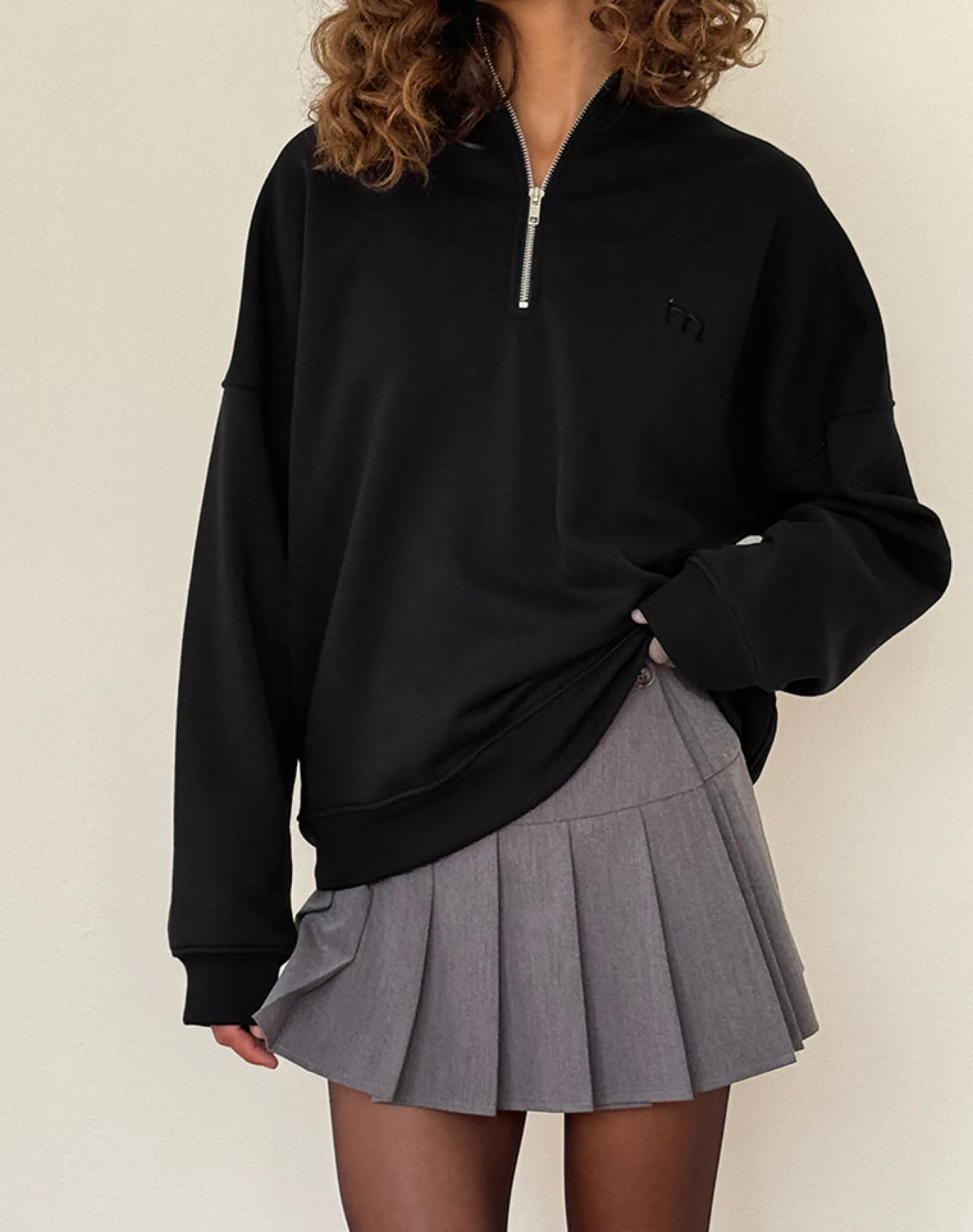 Motel Rocks Basics | Hoodies & Sweatshirts-Tirma High Neck Jumper in Tonal Black with M Embroidery
