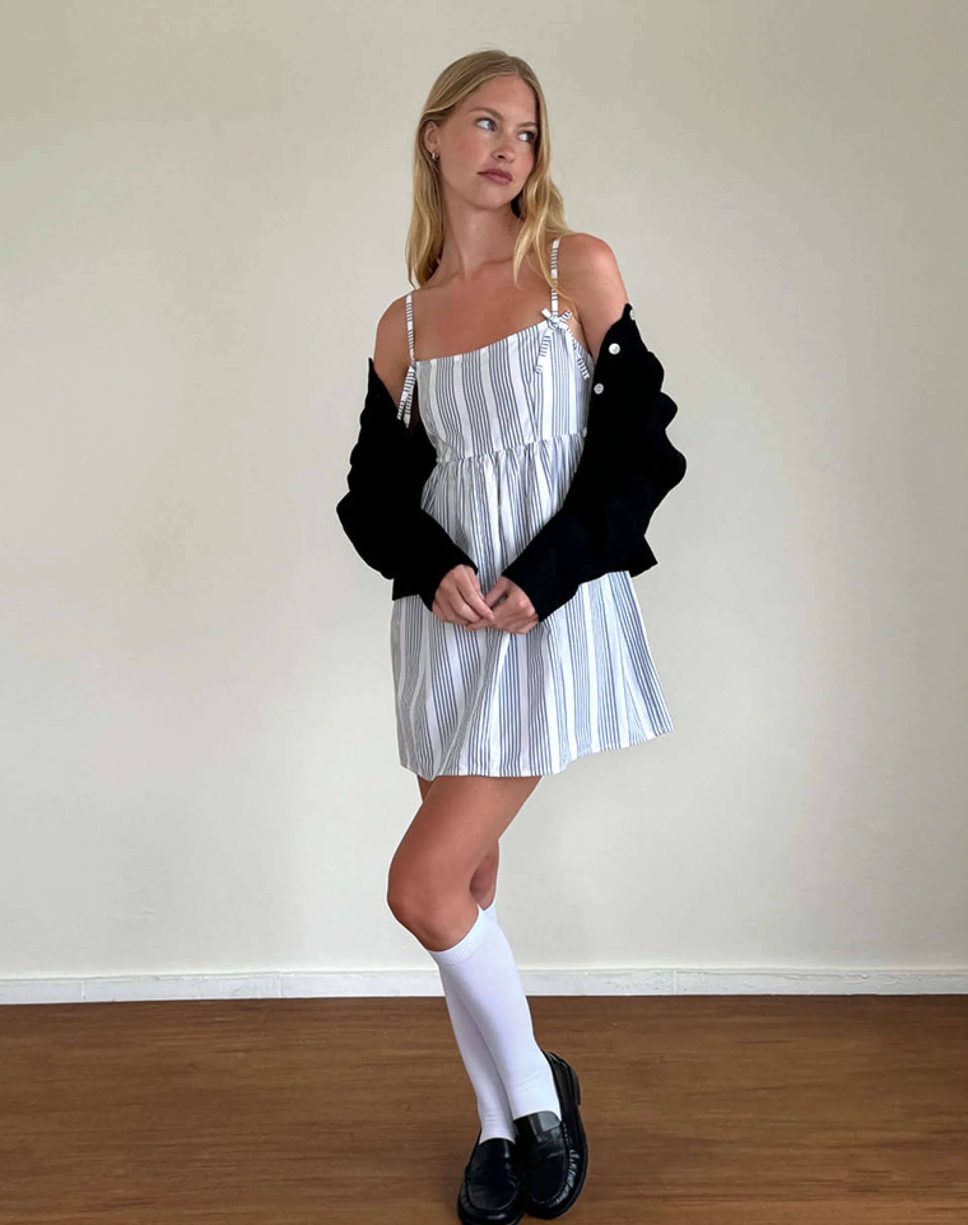Motel Rocks Day Dresses | Mini Dresses-Tisyani Mini Dress in Vertical Grey Stripe
