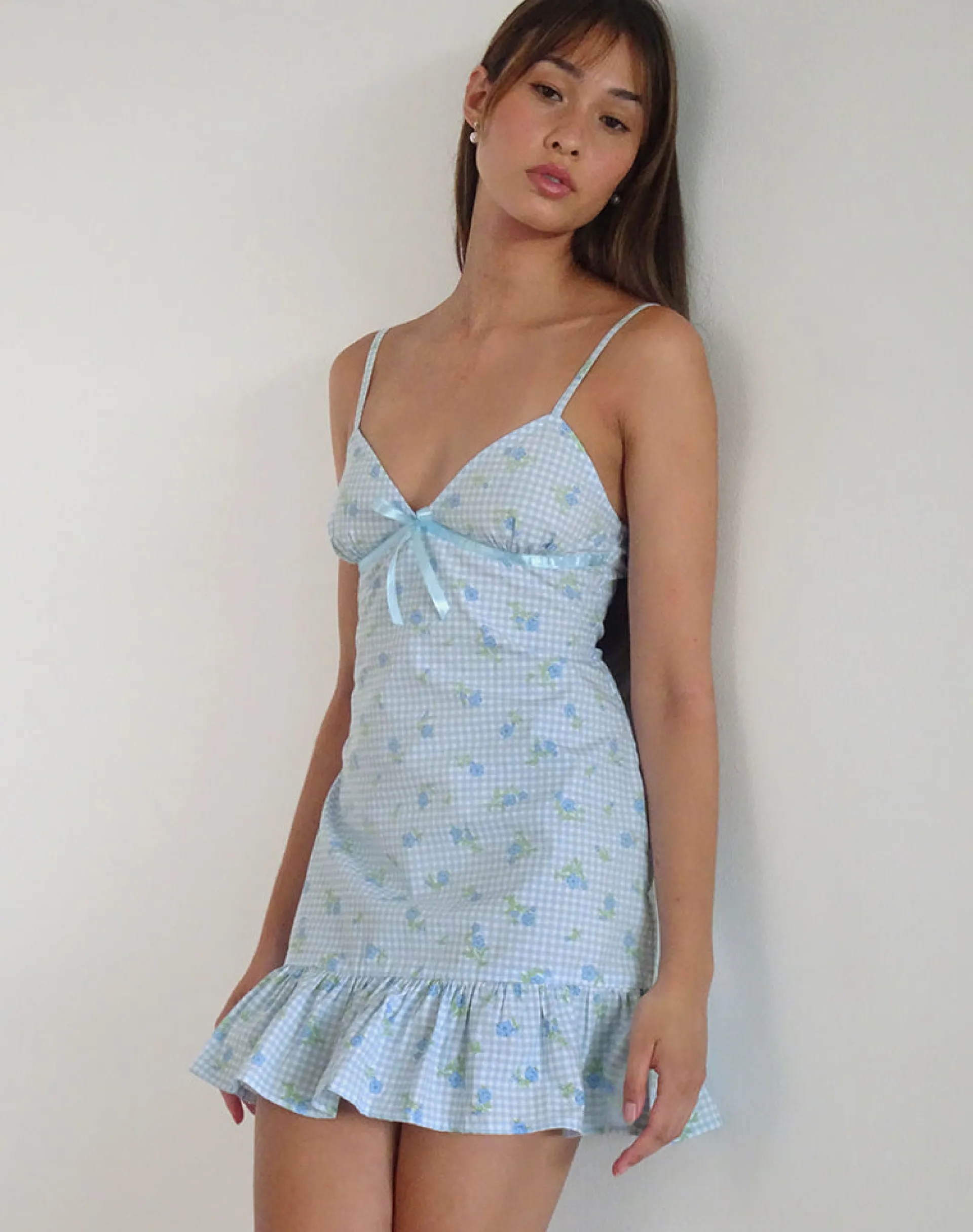 Motel Rocks Day Dresses | Mini Dresses-Tivata Mini Dress in Blue Flower Gingham