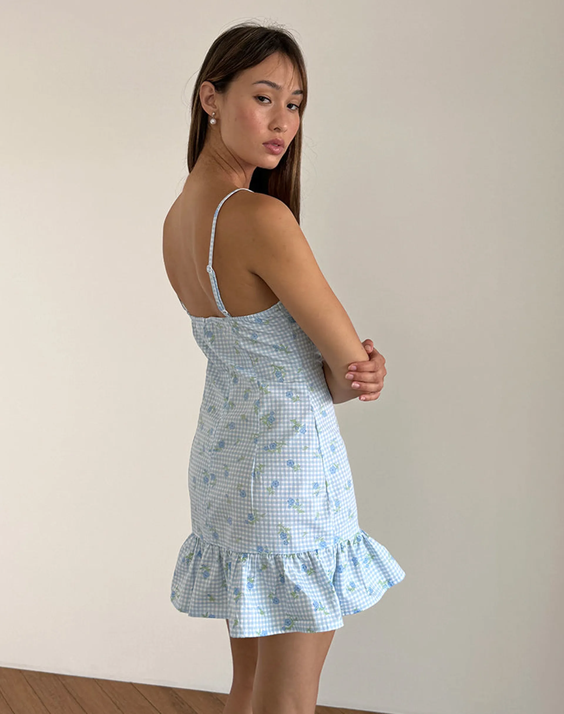 Motel Rocks Day Dresses | Mini Dresses-Tivata Mini Dress in Blue Flower Gingham