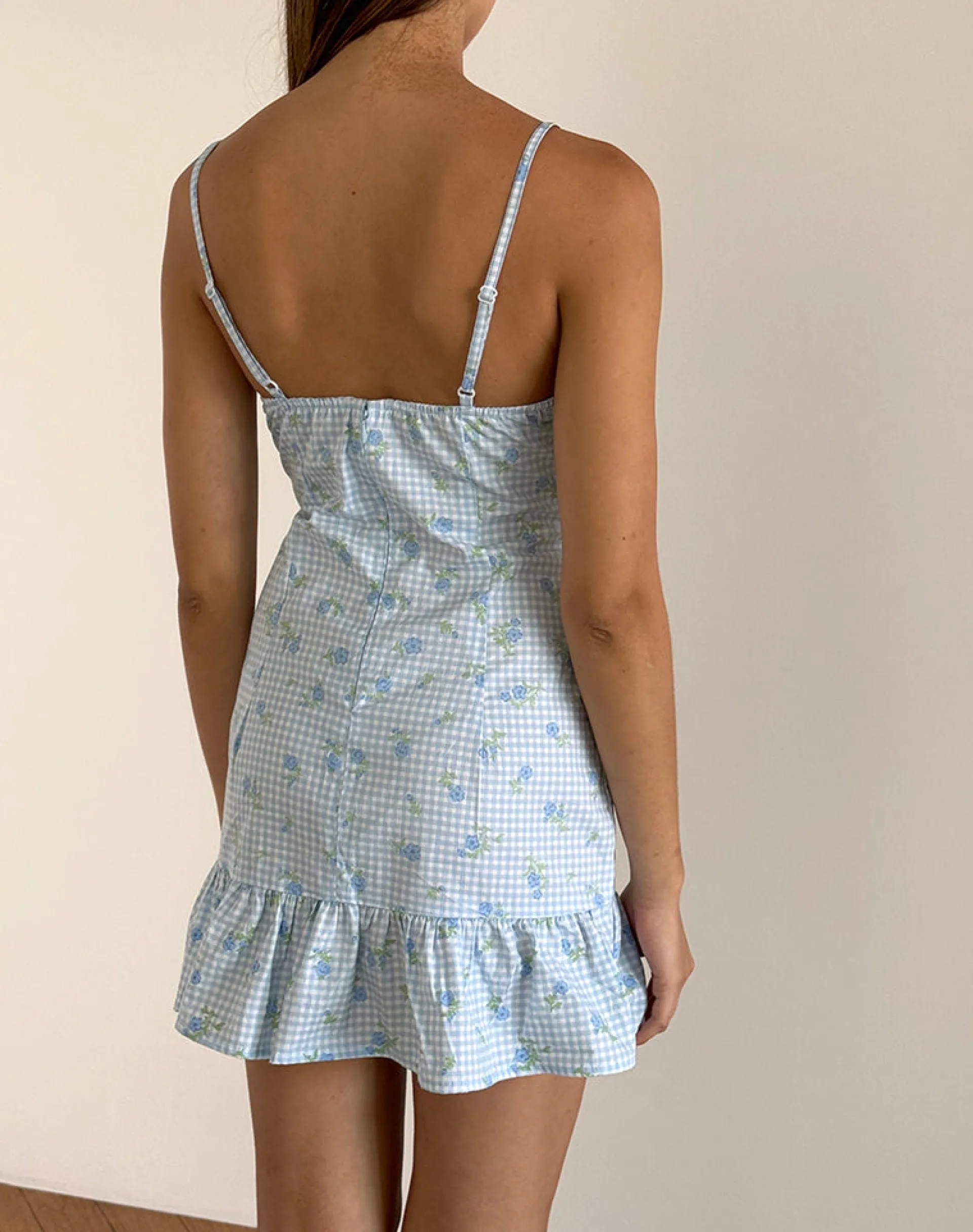 Motel Rocks Day Dresses | Mini Dresses-Tivata Mini Dress in Blue Flower Gingham