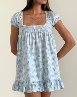 Motel Rocks Printed Dresses | Day Dresses-Trim Mini Dress in Blue Flower Gingham