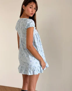 Motel Rocks Printed Dresses | Day Dresses-Trim Mini Dress in Blue Flower Gingham