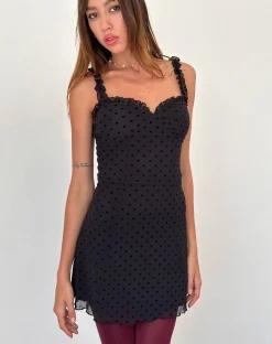 Motel Rocks Printed Dresses | Little Black Dresses-Trisha Mini Dress in Polka Black Flock