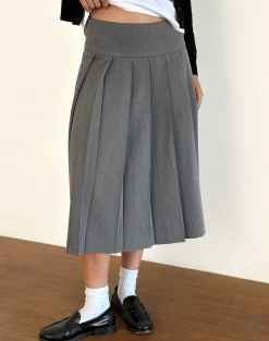 Motel Rocks Tailoring | Pleated Skirts-Trisma Pleated Midi Skirt in Charcoal Grey