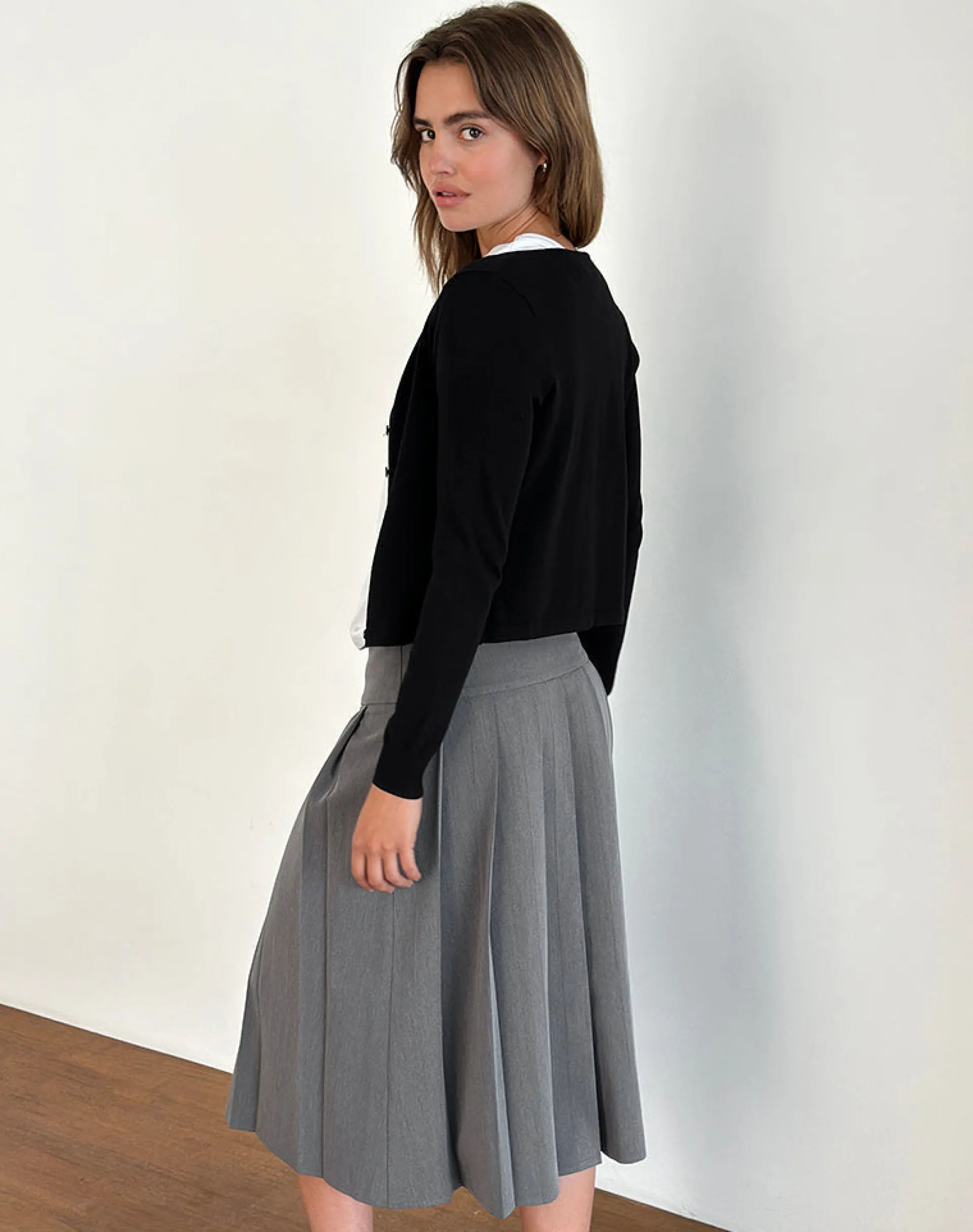 Motel Rocks Tailoring | Pleated Skirts-Trisma Pleated Midi Skirt in Charcoal Grey