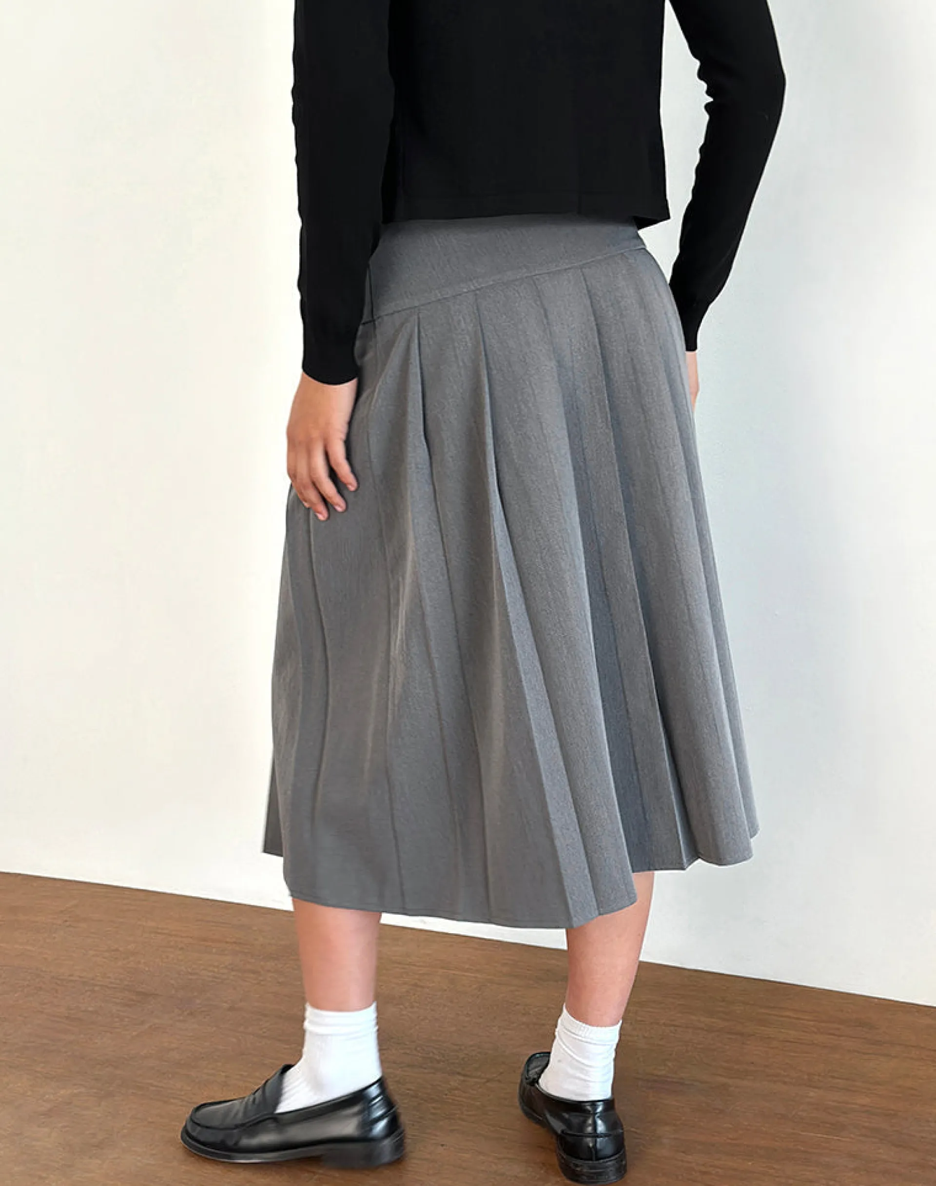 Motel Rocks Tailoring | Pleated Skirts-Trisma Pleated Midi Skirt in Charcoal Grey