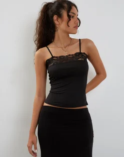 Motel Rocks Strappy Tops | Lace Tops-Tucci Vest Top in Slinky Lace Black