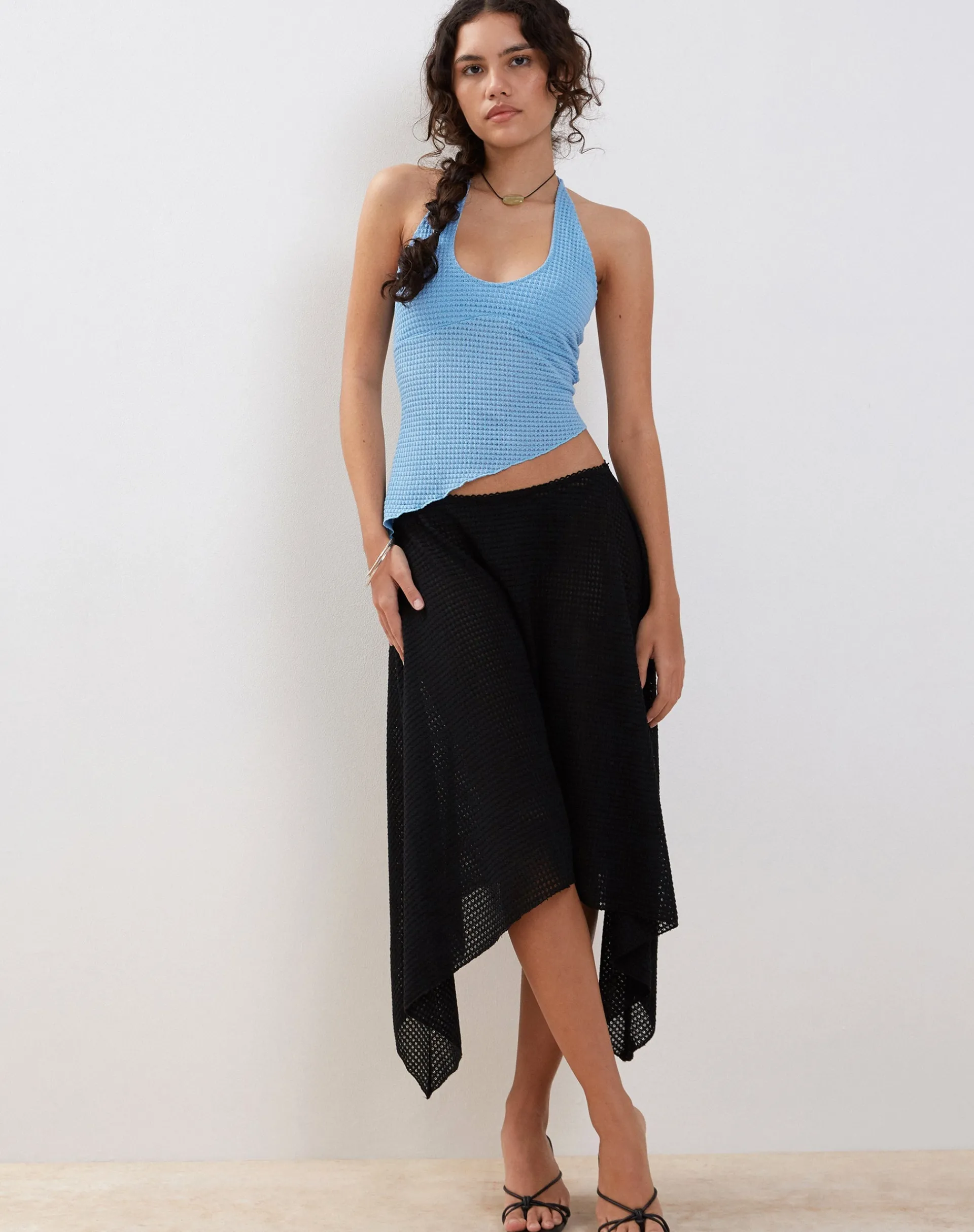 Motel Rocks Midi Skirts-Tullia Asymmetric Midi Skirt in Black Crochet