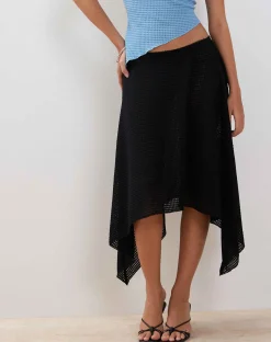 Motel Rocks Midi Skirts-Tullia Asymmetric Midi Skirt in Black Crochet